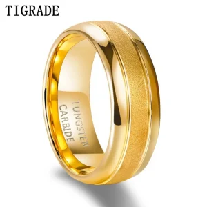 8mm Tungsten Carbide Rings For Men 24K Gold Plated Polished Edge Sandblasted Domed Wedding Ring Engagement Band Jewelry